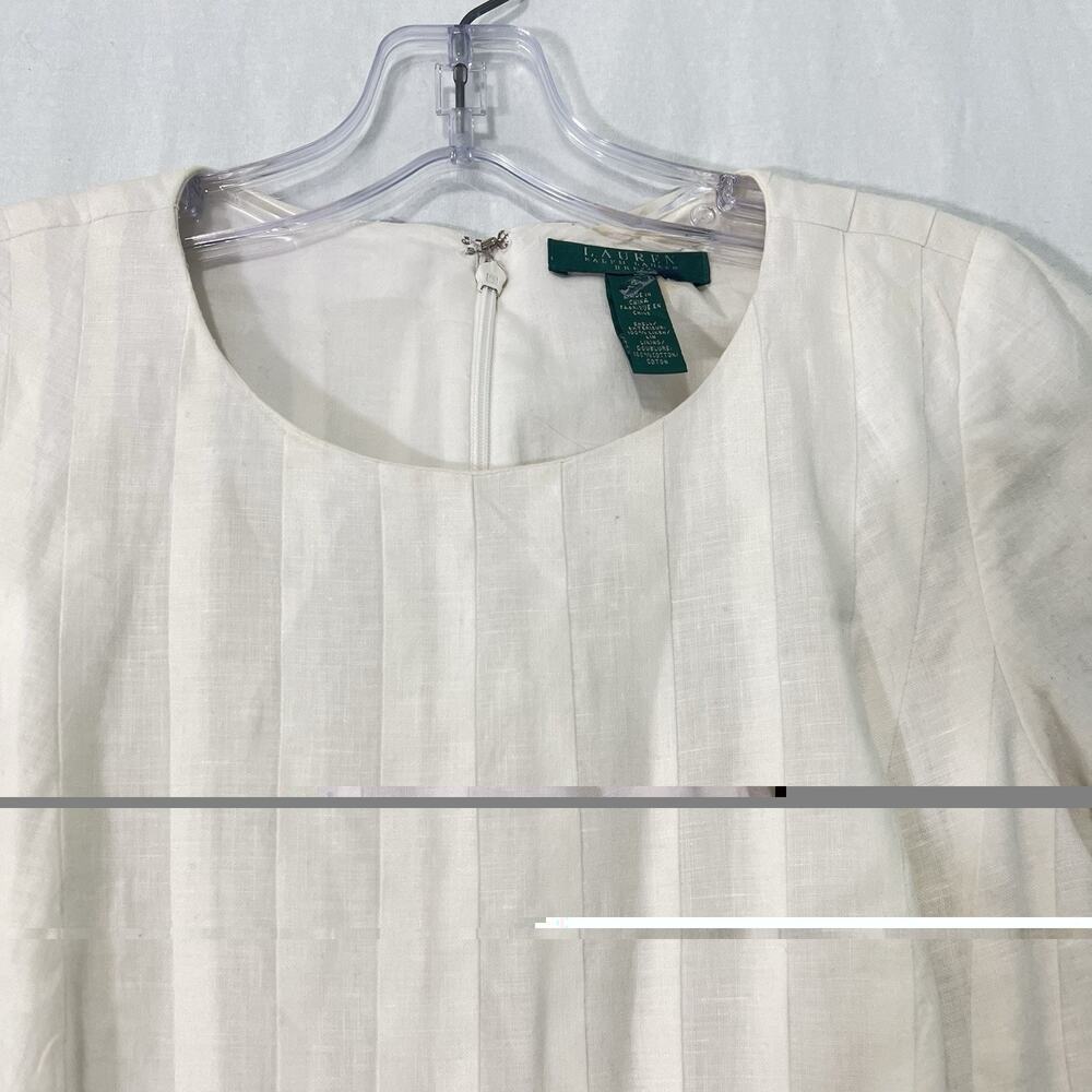 Lauren Ralph Lauren 100% Linen Dress Women 6 Ivory Fit Flare Pintuck Lace Lined - Picture 5 of 15